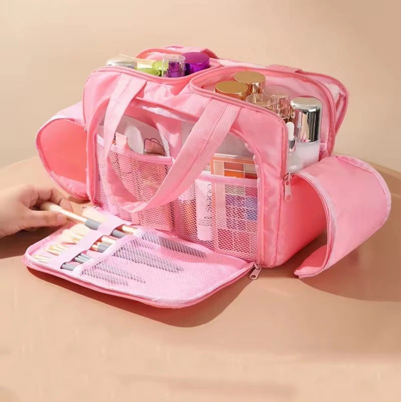 Transparent Travel Makeup Organizer Bag for Women | Large Capacity Cosmetic Storage Handbag with Brush Holder & Multi Compartments