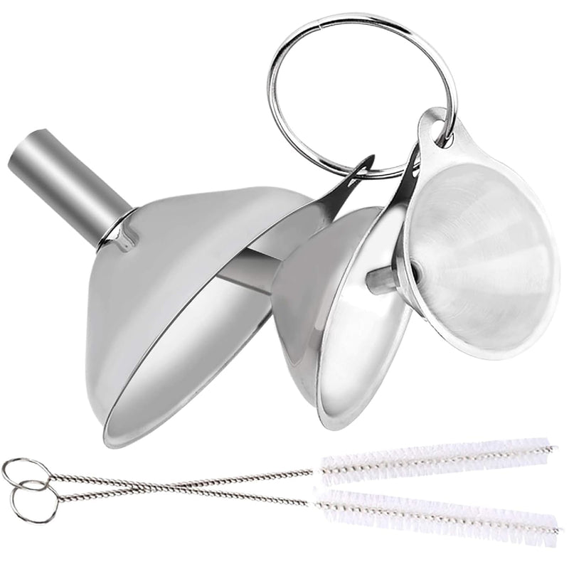 HUPLA Stainless Steel Kitchen Funnel Set | 3 Different Size Metal Funnels with Cleaning Brushes & Filter Strainer | Multipurpose Oil, Liquid & Dry Ingredient Transfer Funnels