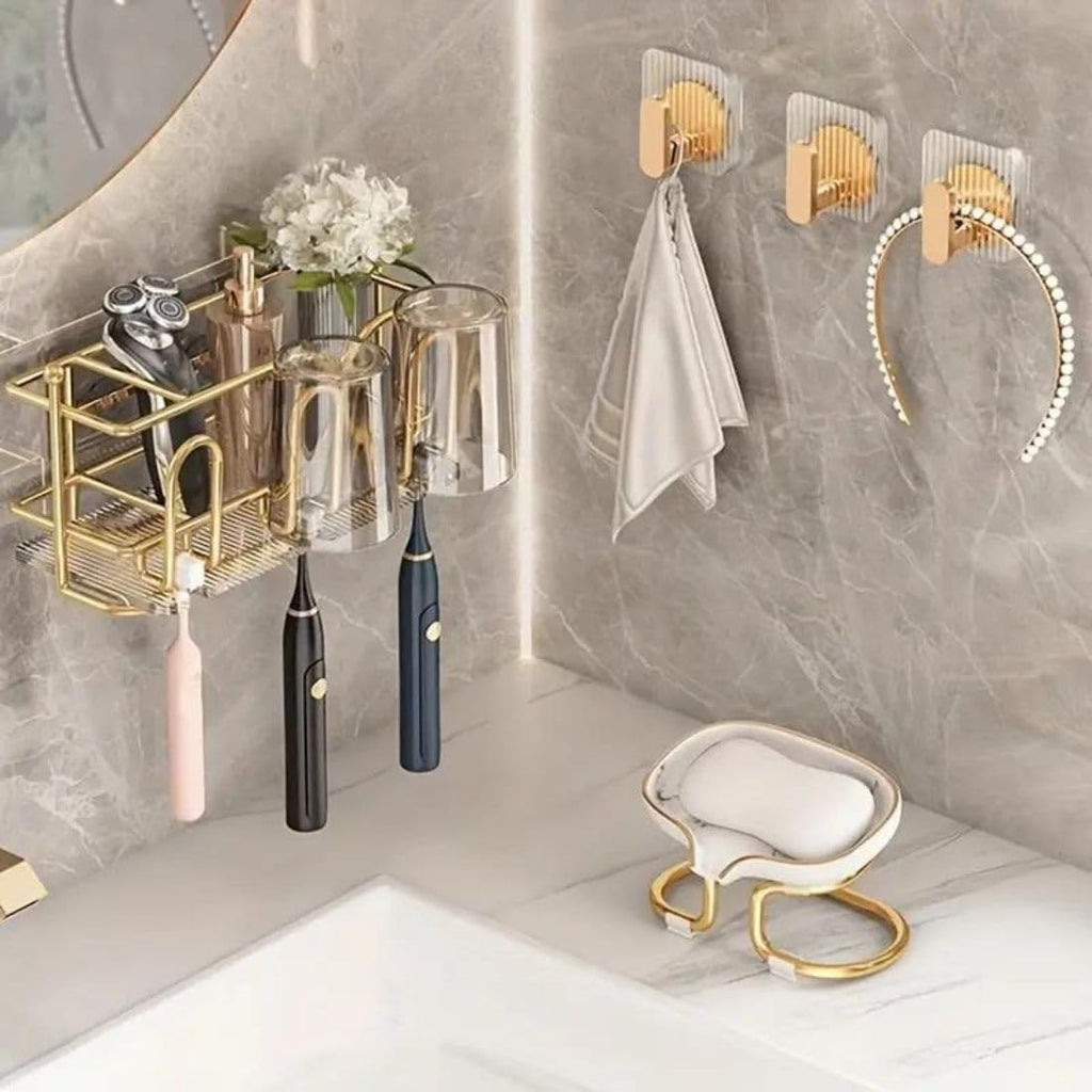 HUPLA Luxury Gold Self-Adhesive Wall Hooks – Pack of 3 | No-Drill Bathroom & Kitchen Hooks for Towels, Loofahs, Keys & Accessories | Transparent Wall-Mounted Hooks