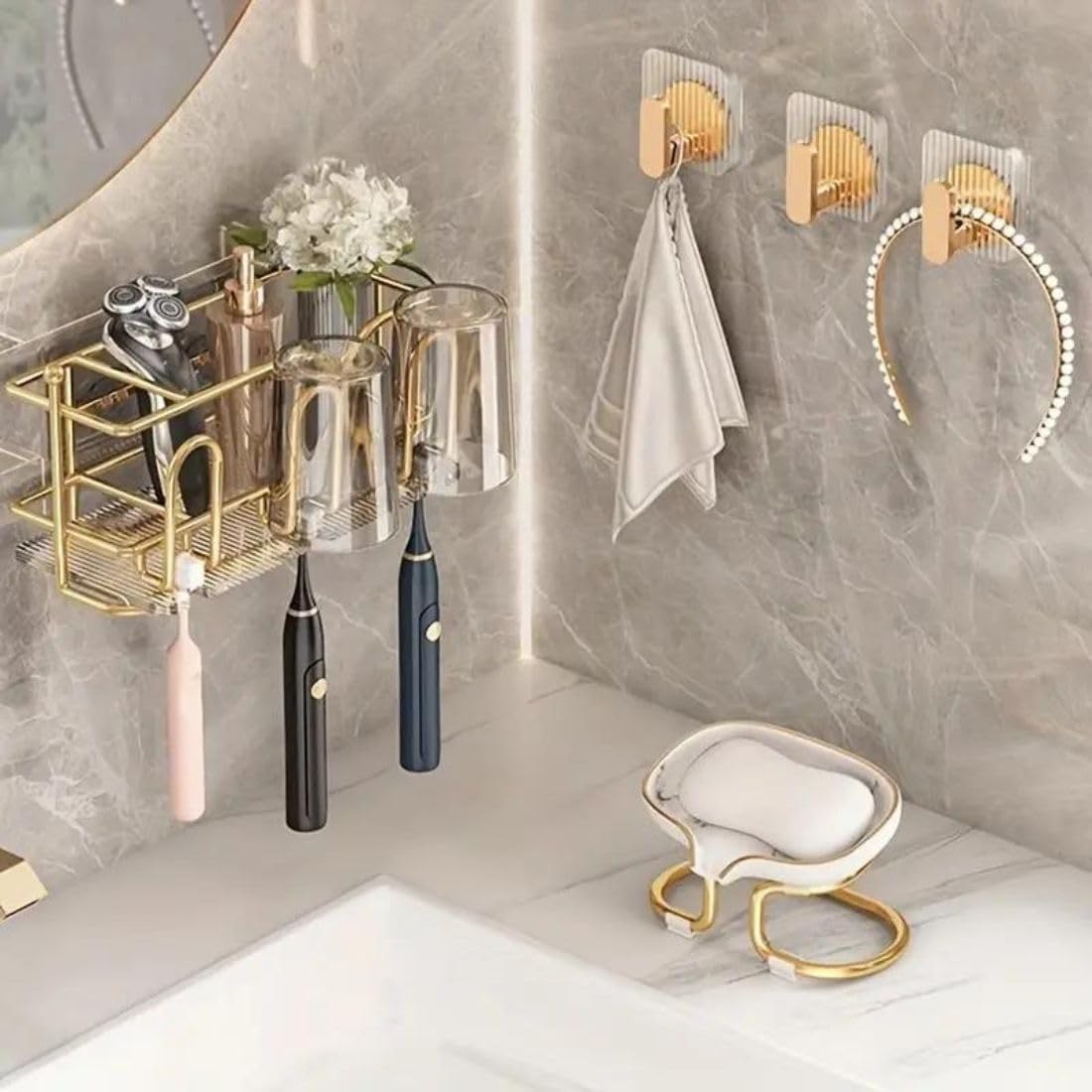 HUPLA Luxury Gold Self-Adhesive Wall Hooks – Pack of 3 | No-Drill Bathroom & Kitchen Hooks for Towels, Loofahs, Keys & Accessories | Transparent Wall-Mounted Hooks
