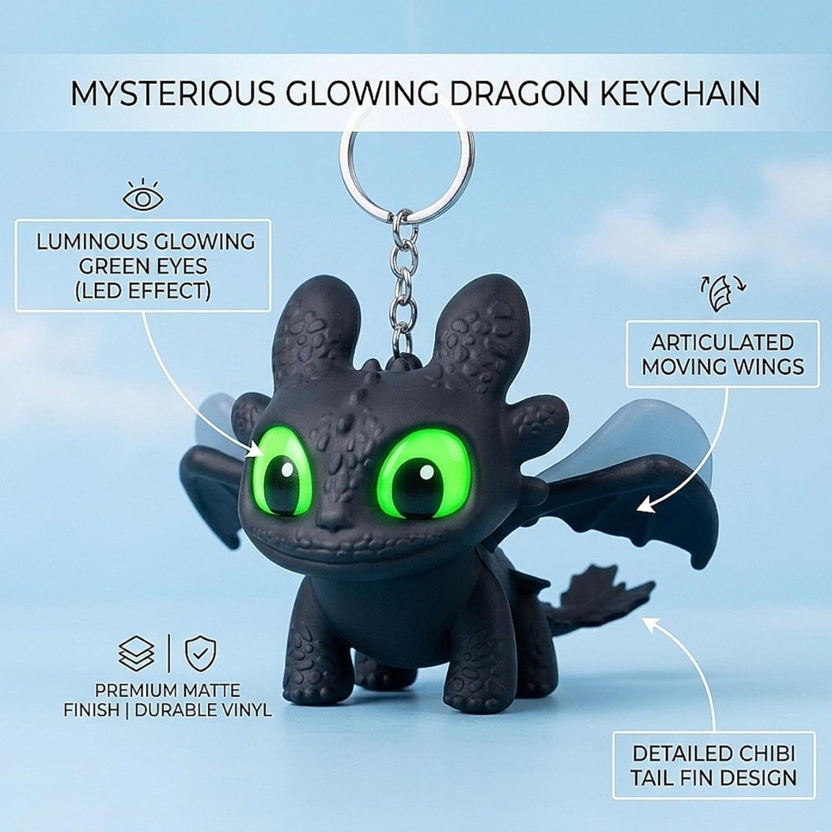 Mysterious Glowing Night Fury Dragon Keychain – LED Luminous Eyes & Articulated Moving Wings (Single Piece)