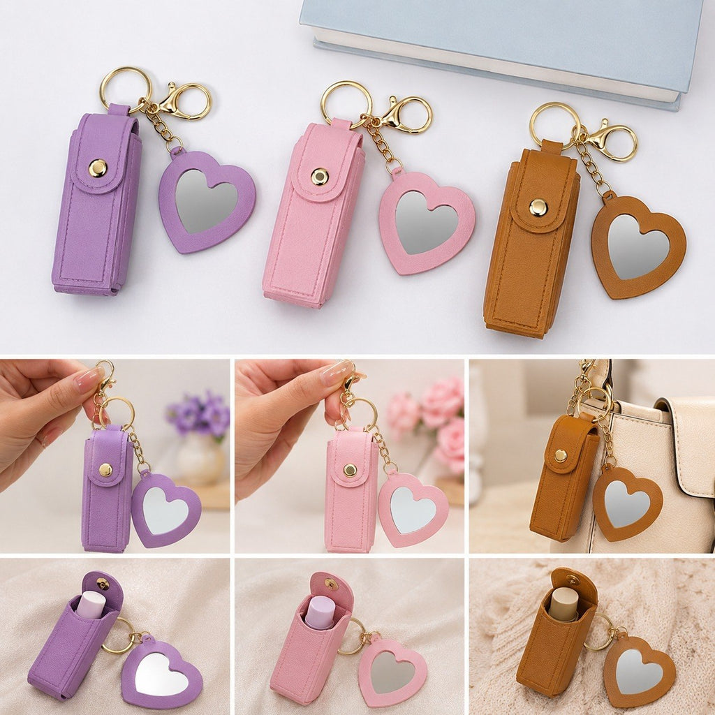 (3 pcs) Heart Shape Lip Balm Keychain Set for Women & Girls | Portable Mirror Lipstick Holder Keyring Combo | Cute Travel Cosmetic Accessory Pack of 3