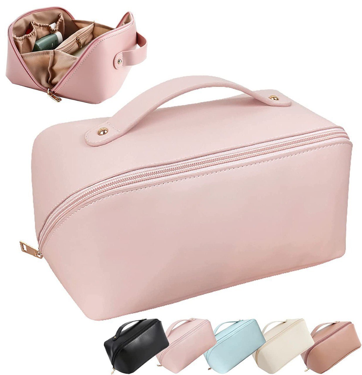 Large Capacity Travel Cosmetic Bag for Women | Waterproof PU Leather Makeup Organizer with Handle | Portable Vanity Storage Case