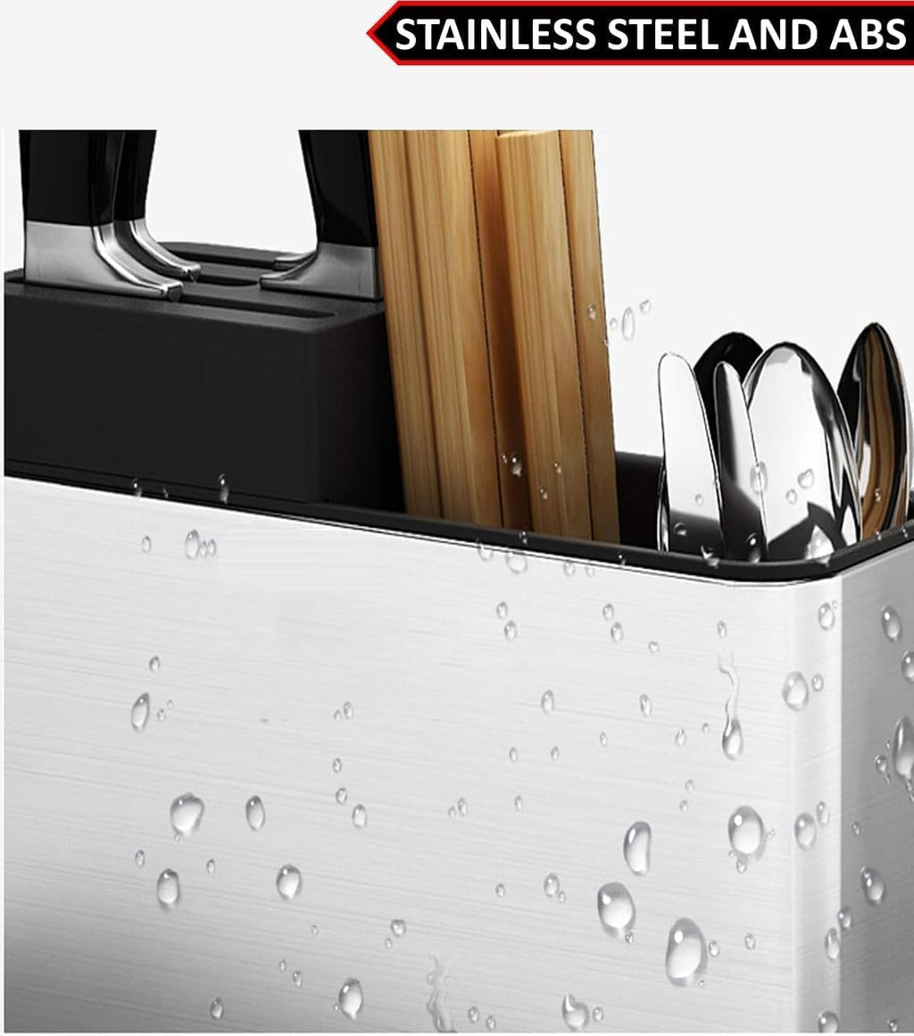 HUPLA Multipurpose Kitchen Knife & Cutlery Organizer Stand | Countertop Storage Holder for Knives, Spoons, Forks & Chopsticks | Multi-Compartment Kitchen Utensil Rack – Silver & Black