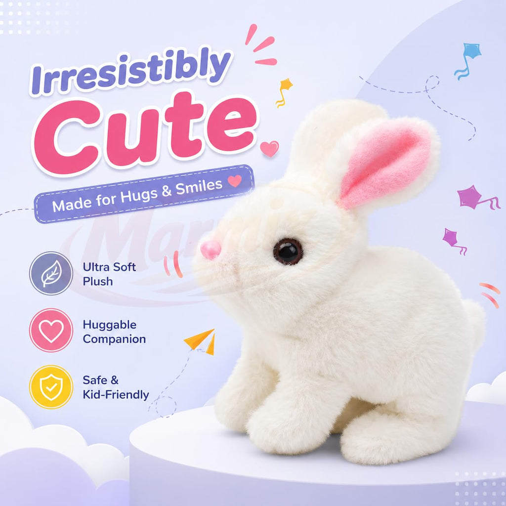 HUPLA Walking & Talking Rabbit Toy | Interactive White Bunny Soft Toy with Walking Movement, Bunny Sounds, Moving Ears & Nose | Battery Operated Plush Animal Toy for Kids – 1 Pc