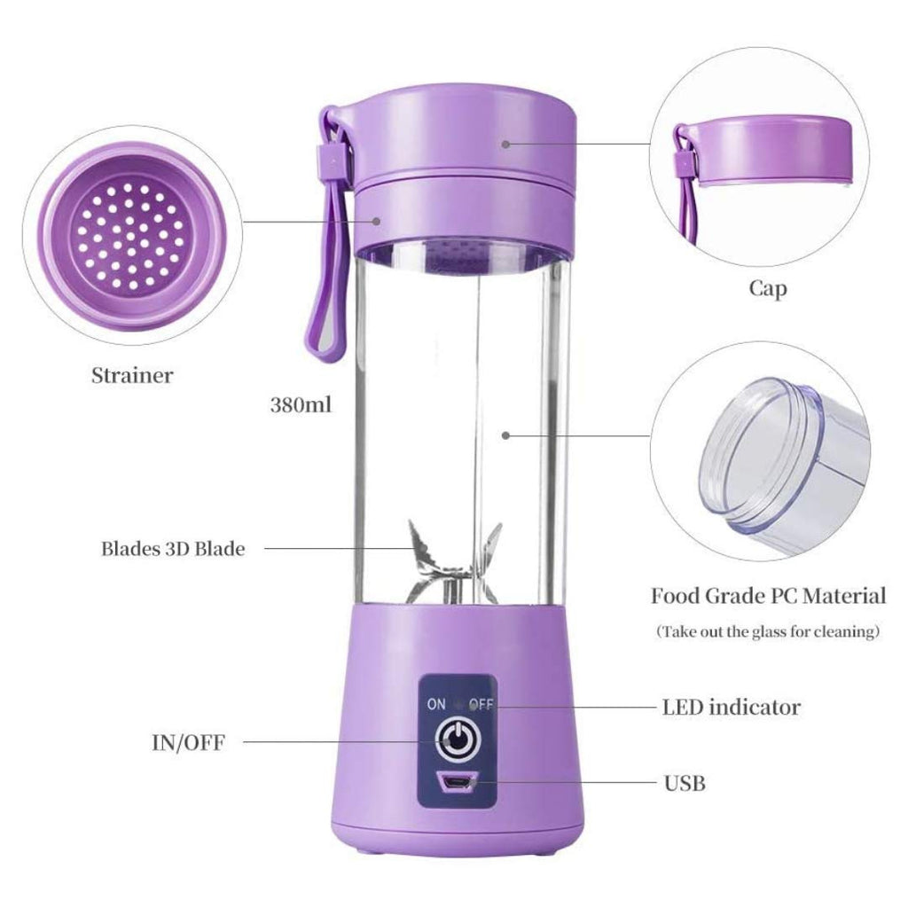 HUPLA Portable USB Rechargeable Juicer Blender 380ml | 6 Stainless Steel Blade Mini Fruit Blender with 1200mAh Battery for Smoothies, Shakes & Juices