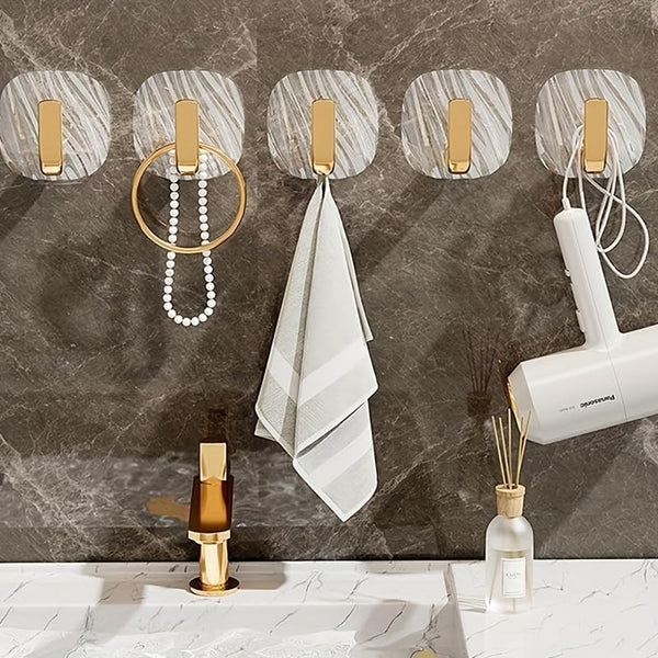 HUPLA Luxury Gold Self-Adhesive Wall Hooks – Pack of 3 | No-Drill Bathroom & Kitchen Hooks for Towels, Loofahs, Keys & Accessories | Transparent Wall-Mounted Hooks