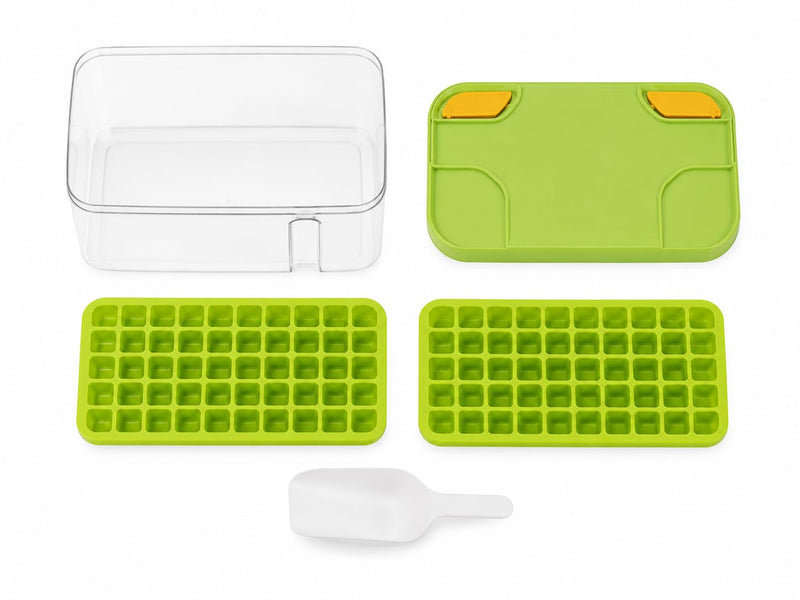 HUPLA Ice Cube Maker Box with Lid & Storage Container | Stackable Ice Cube Trays with Ice Scoop | Reusable Freezer Ice Storage Organizer for Home, Kitchen & Parties – Green