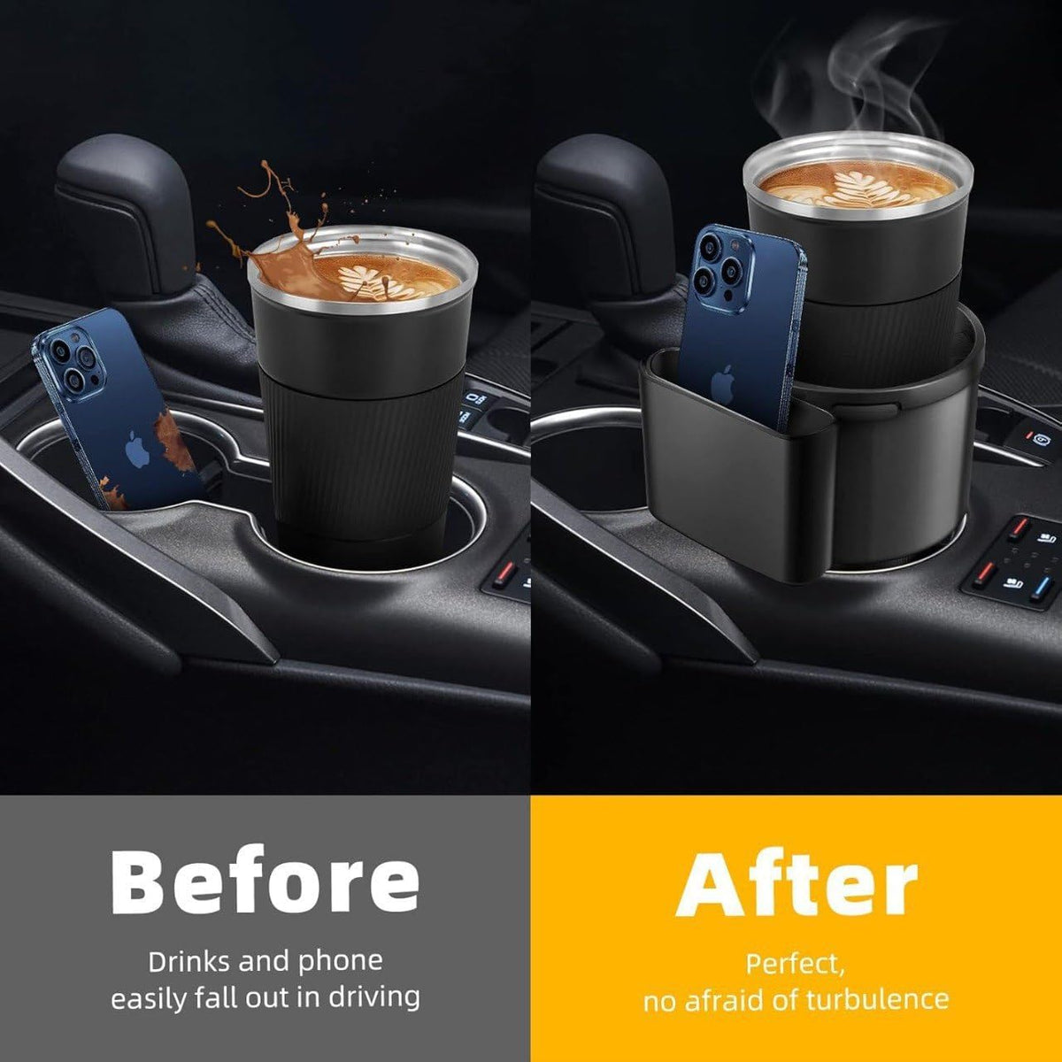 HUPLA 2-in-1 Car Cup Holder Expander with Phone Holder | Multifunction Car Drink & Storage Organizer