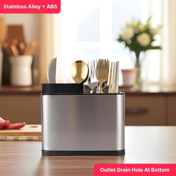 HUPLA Multipurpose Kitchen Knife & Cutlery Organizer Stand | Countertop Storage Holder for Knives, Spoons, Forks & Chopsticks | Multi-Compartment Kitchen Utensil Rack – Silver & Black