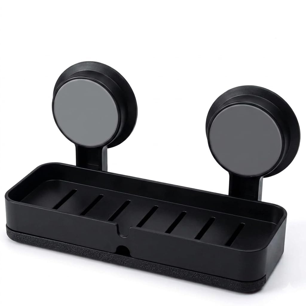 HUPLA Premium Wall Mounted Soap Holder with Strong Suction Cups | No Drilling Soap Dish with Quick Drainage | Rustproof Bathroom Soap Tray | Matte Black – 1 Piece