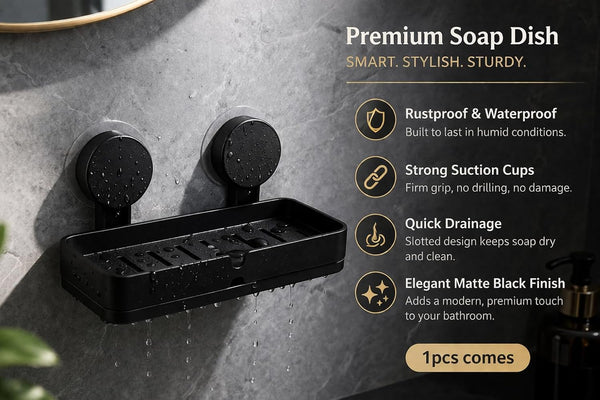 HUPLA Premium Wall Mounted Soap Holder with Strong Suction Cups | No Drilling Soap Dish with Quick Drainage | Rustproof Bathroom Soap Tray | Matte Black – 1 Piece