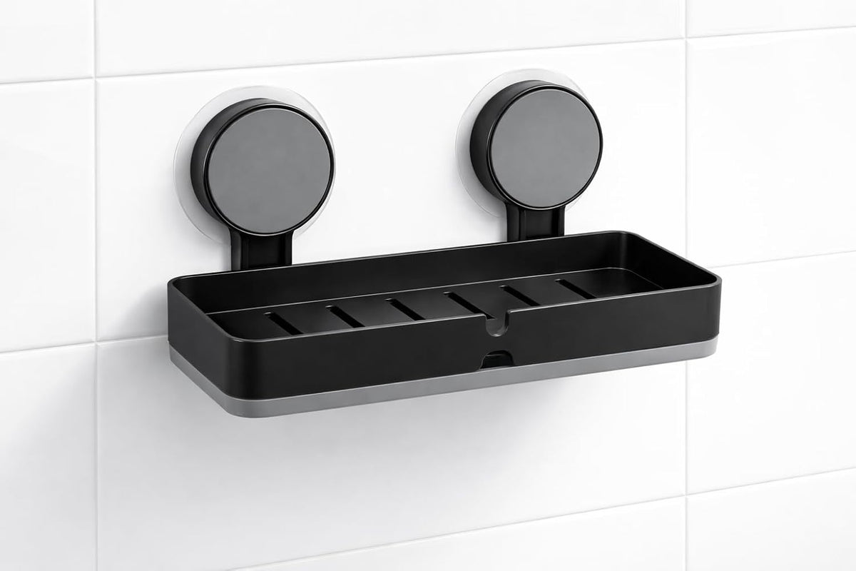 HUPLA Premium Wall Mounted Soap Holder with Strong Suction Cups | No Drilling Soap Dish with Quick Drainage | Rustproof Bathroom Soap Tray | Matte Black – 1 Piece