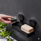 HUPLA Premium Wall Mounted Soap Holder with Strong Suction Cups | No Drilling Soap Dish with Quick Drainage | Rustproof Bathroom Soap Tray | Matte Black – 1 Piece
