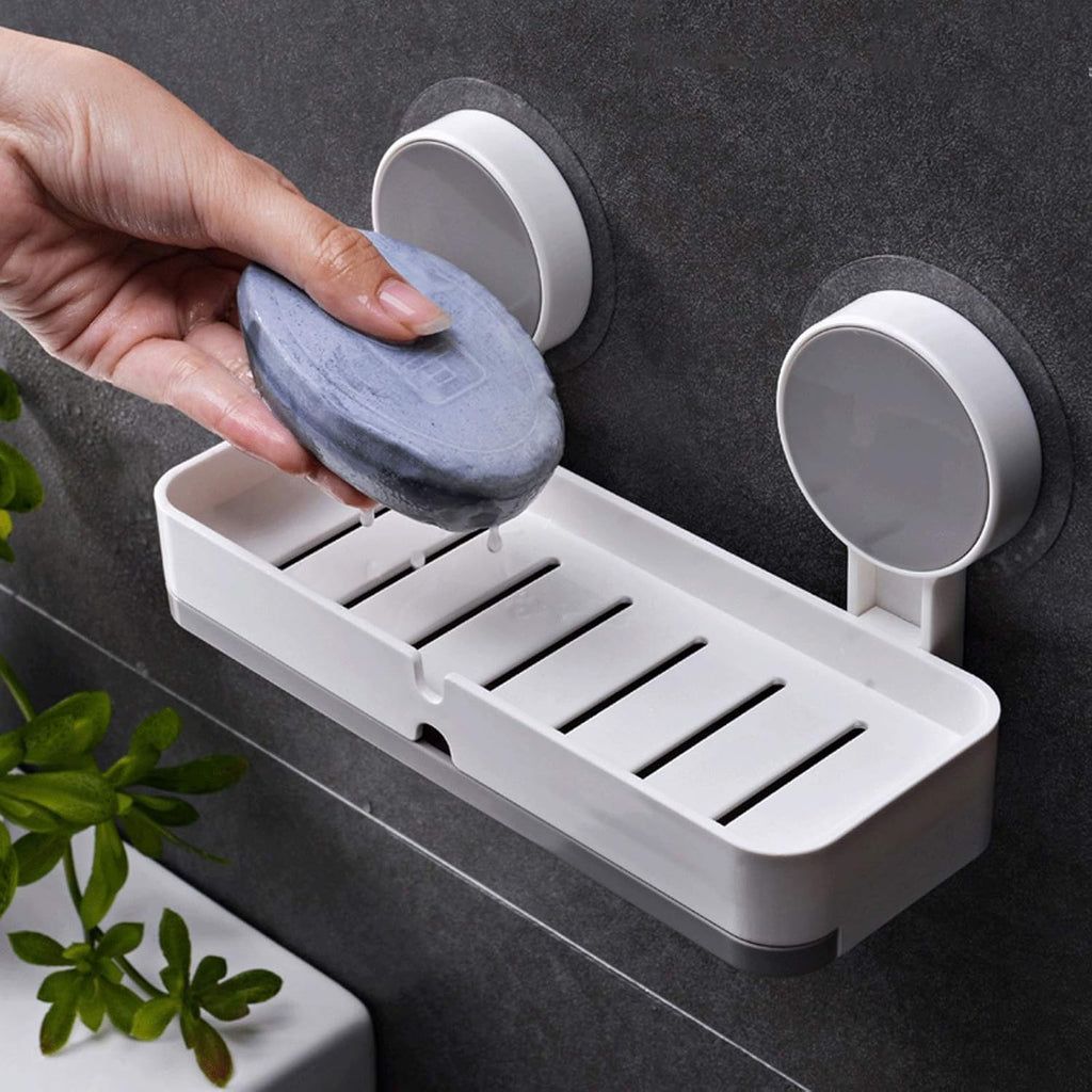HUPLA Wall Mounted Soap Holder with Drainage | Double Mount No-Drill Style Soap Dish, Bathroom Soap Tray & Space Saving Soap Organizer | White & Grey – 1 Piece