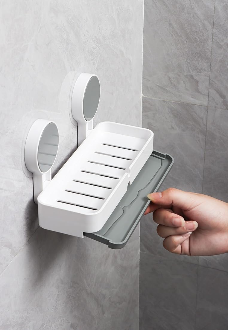 HUPLA Wall Mounted Soap Holder with Drainage | Double Mount No-Drill Style Soap Dish, Bathroom Soap Tray & Space Saving Soap Organizer | White & Grey – 1 Piece