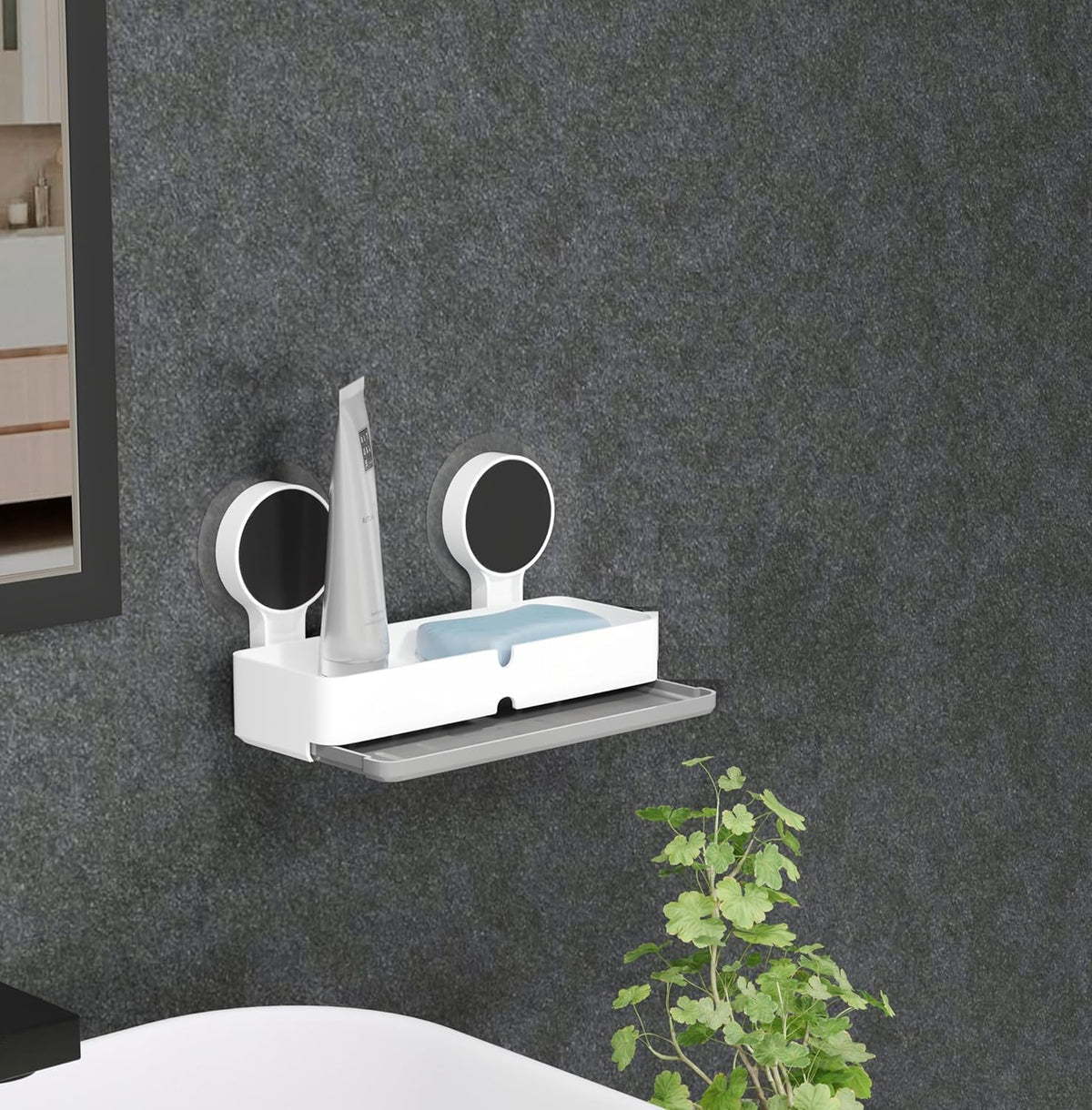HUPLA Wall Mounted Soap Holder with Drainage | Double Mount No-Drill Style Soap Dish, Bathroom Soap Tray & Space Saving Soap Organizer | White & Grey – 1 Piece