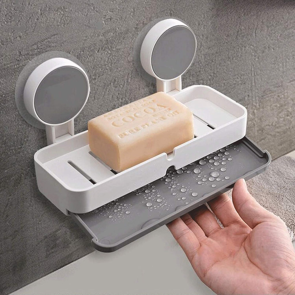 HUPLA Wall Mounted Soap Holder with Drainage | Double Mount No-Drill Style Soap Dish, Bathroom Soap Tray & Space Saving Soap Organizer | White & Grey – 1 Piece