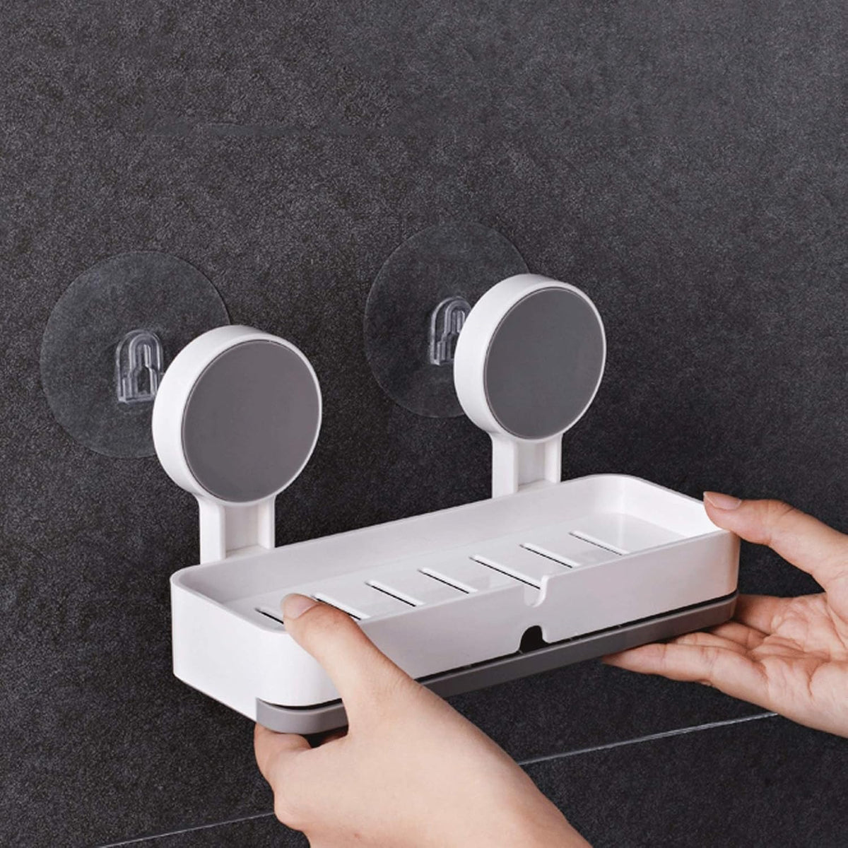 HUPLA Wall Mounted Soap Holder with Drainage | Double Mount No-Drill Style Soap Dish, Bathroom Soap Tray & Space Saving Soap Organizer | White & Grey – 1 Piece