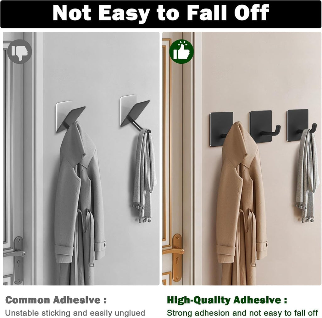 HUPLA Self-Adhesive Wall Hooks Pack of 3 | Black Stainless Steel No-Drill Towel & Clothes Hangers | Rust-Resistant Wall Mounted Hooks for Bathroom, Kitchen & Home
