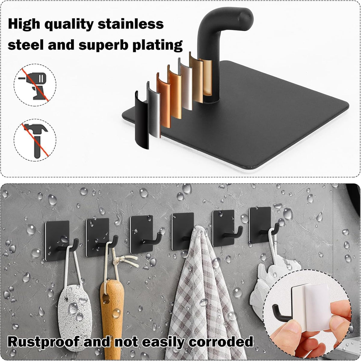 HUPLA Self-Adhesive Wall Hooks Pack of 3 | Black Stainless Steel No-Drill Towel & Clothes Hangers | Rust-Resistant Wall Mounted Hooks for Bathroom, Kitchen & Home