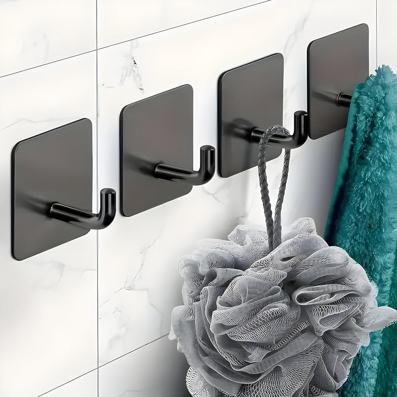 HUPLA Self-Adhesive Wall Hooks Pack of 3 | Black Stainless Steel No-Drill Towel & Clothes Hangers | Rust-Resistant Wall Mounted Hooks for Bathroom, Kitchen & Home