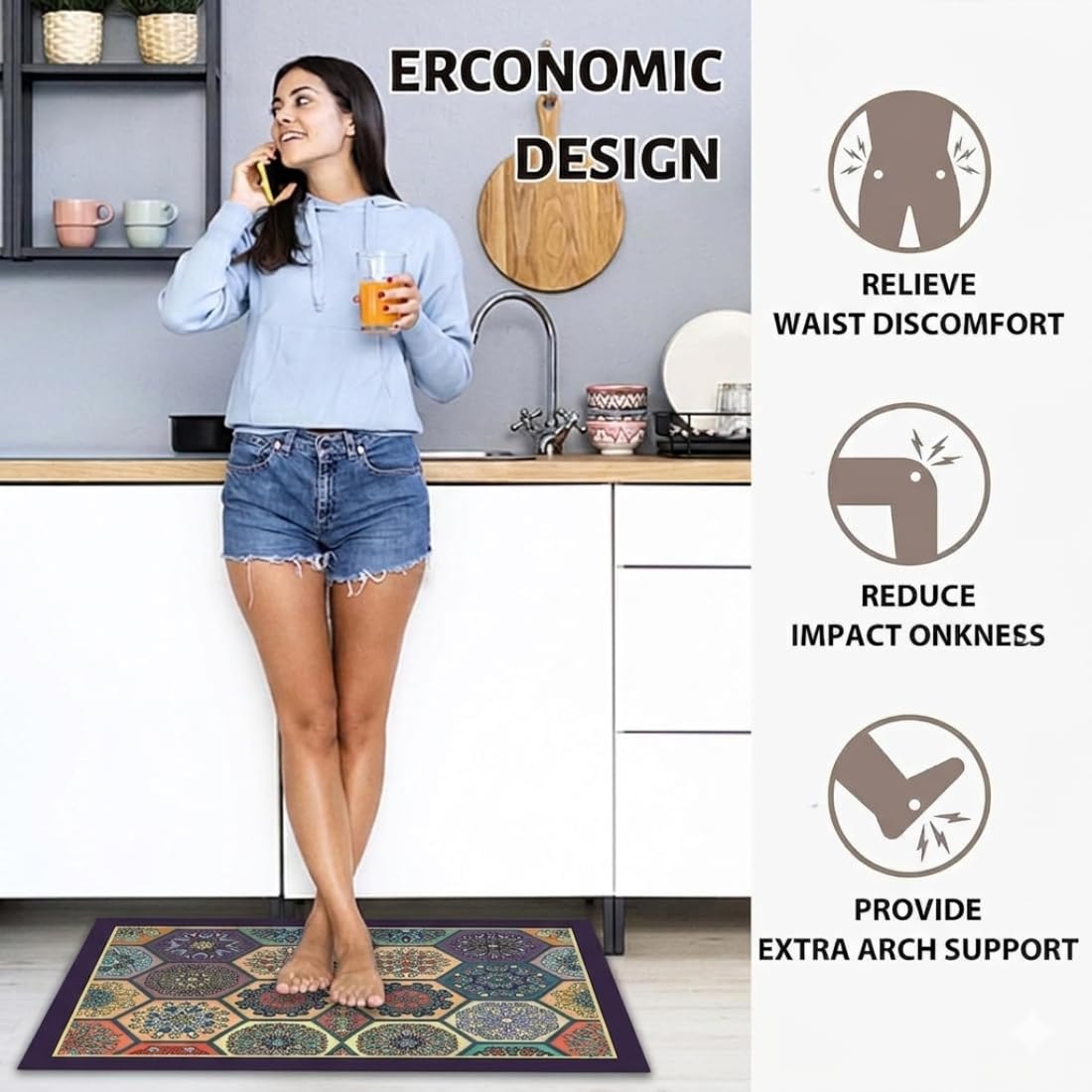HUPLA Multicolour Printed Kitchen Floor Mat & Runner | Decorative Geometric Mandala Design Kitchen Rug for Sink, Countertop & Home Entrance | Rectangular Floor Mat