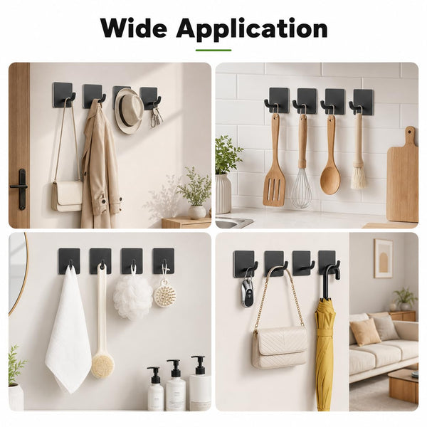 HUPLA Self-Adhesive Wall Hooks Pack of 3 | Black Stainless Steel No-Drill Towel & Clothes Hangers | Rust-Resistant Wall Mounted Hooks for Bathroom, Kitchen & Home