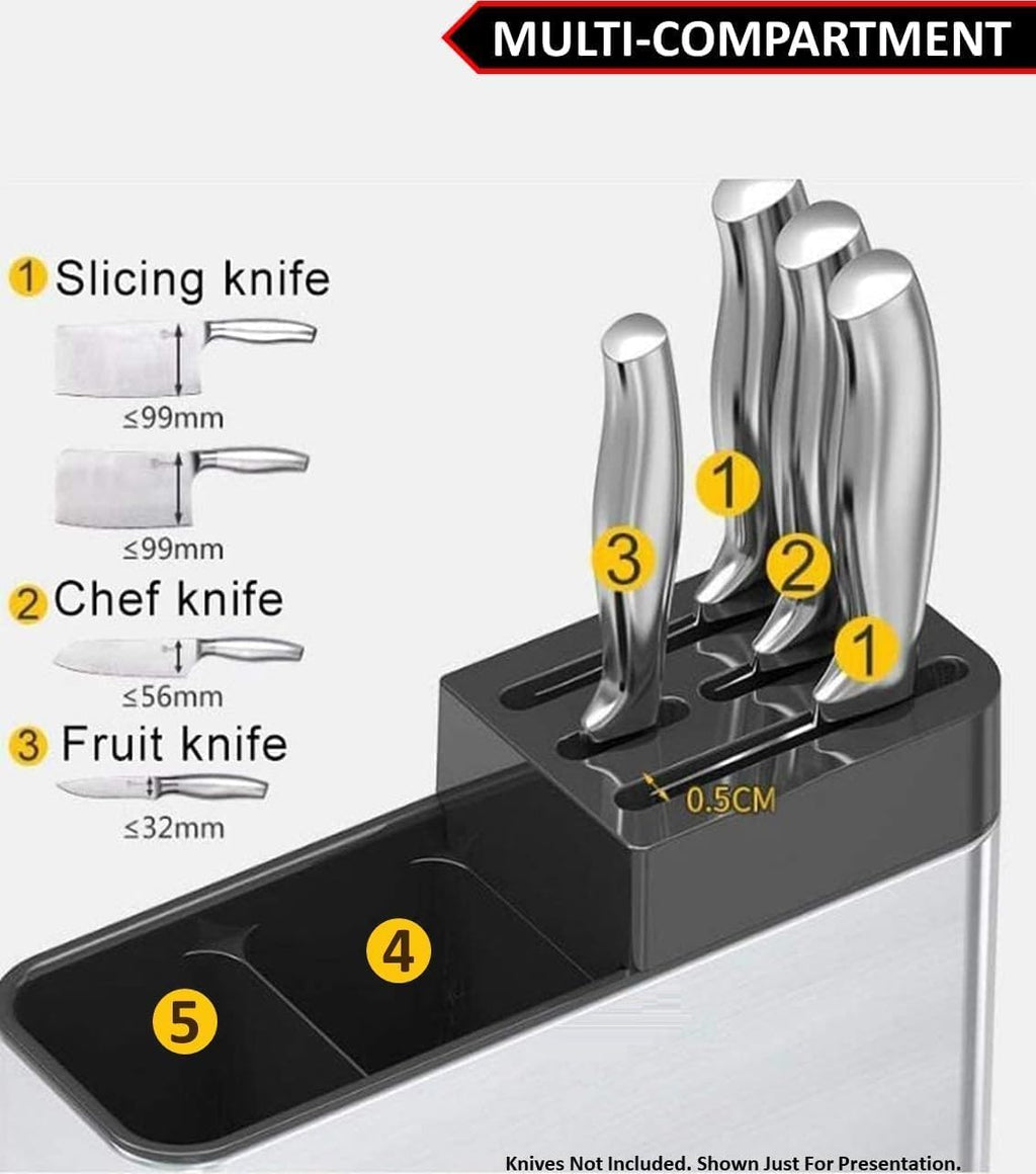 HUPLA Multipurpose Kitchen Knife & Cutlery Organizer Stand | Countertop Storage Holder for Knives, Spoons, Forks & Chopsticks | Multi-Compartment Kitchen Utensil Rack – Silver & Black