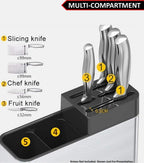 HUPLA Multipurpose Kitchen Knife & Cutlery Organizer Stand | Countertop Storage Holder for Knives, Spoons, Forks & Chopsticks | Multi-Compartment Kitchen Utensil Rack – Silver & Black