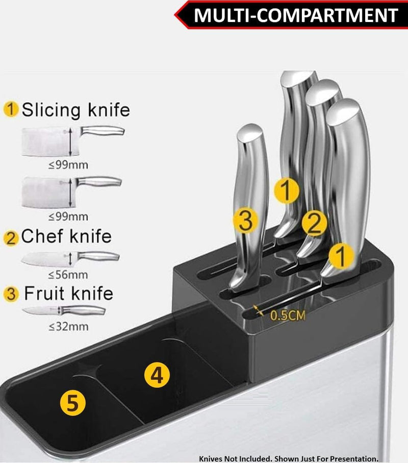 HUPLA Multipurpose Kitchen Knife & Cutlery Organizer Stand | Countertop Storage Holder for Knives, Spoons, Forks & Chopsticks | Multi-Compartment Kitchen Utensil Rack – Silver & Black