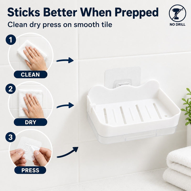 HUPLA Wall Mounted Soap Holder with Side Hook & Water Collection Tray | No-Drill Bathroom Soap Dish Organizer with Transparent Drainage Box | White – 1 Piece
