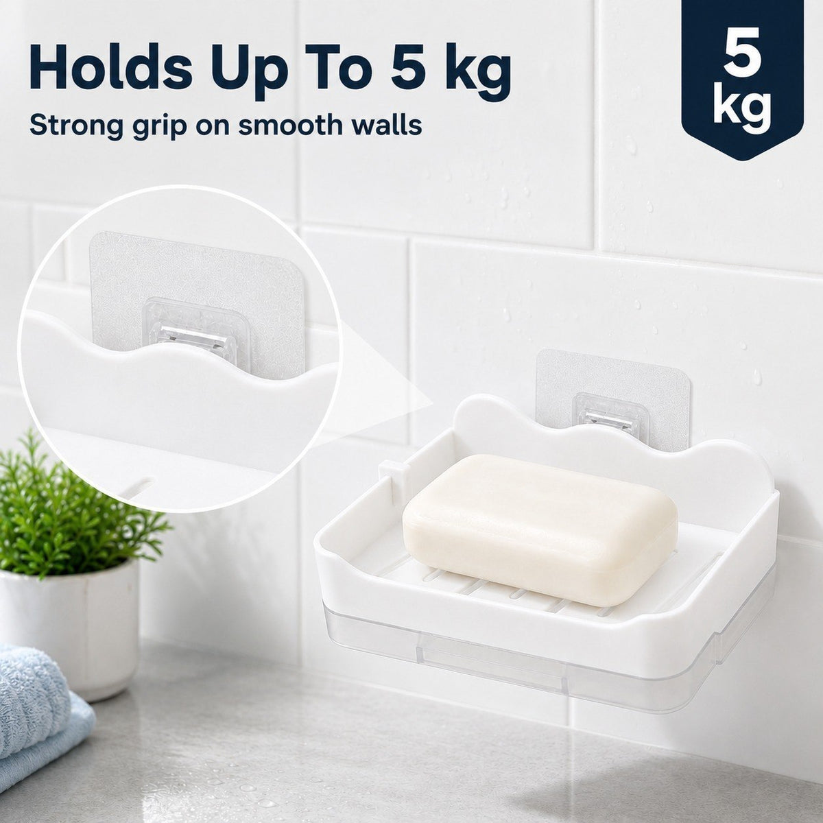 HUPLA Wall Mounted Soap Holder with Side Hook & Water Collection Tray | No-Drill Bathroom Soap Dish Organizer with Transparent Drainage Box | White – 1 Piece