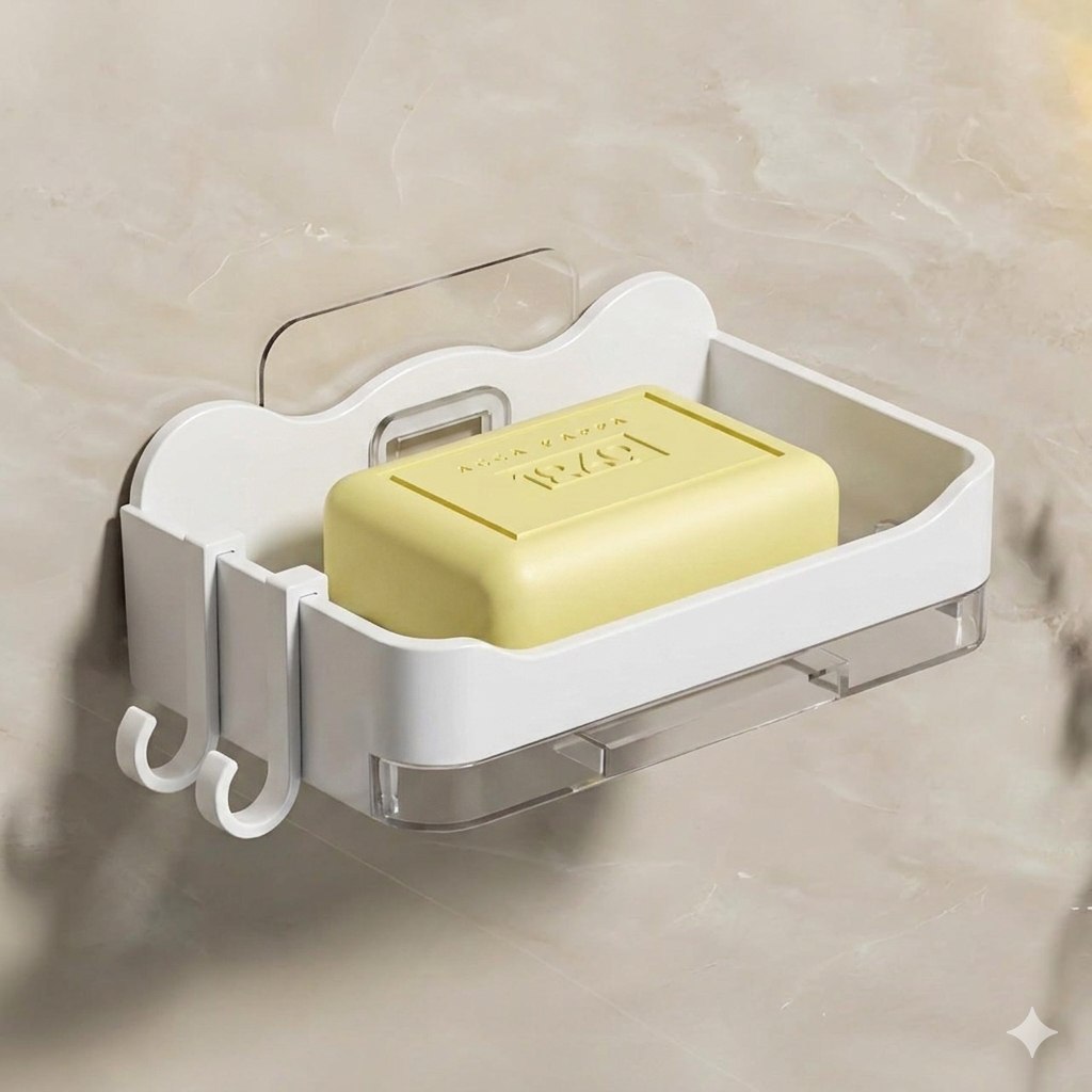 HUPLA Wall Mounted Soap Holder with Side Hook & Water Collection Tray | No-Drill Bathroom Soap Dish Organizer with Transparent Drainage Box | White – 1 Piece