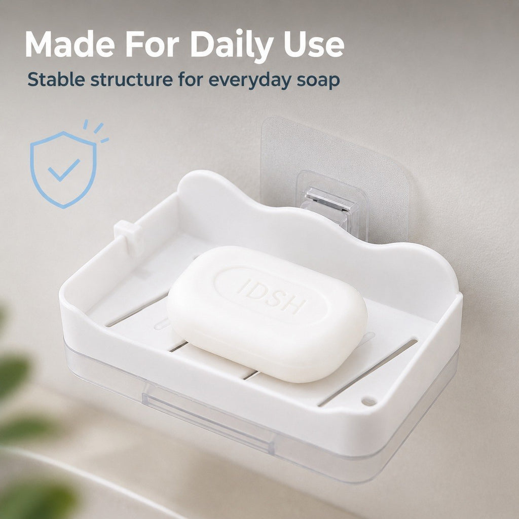 HUPLA Wall Mounted Soap Holder with Side Hook & Water Collection Tray | No-Drill Bathroom Soap Dish Organizer with Transparent Drainage Box | White – 1 Piece