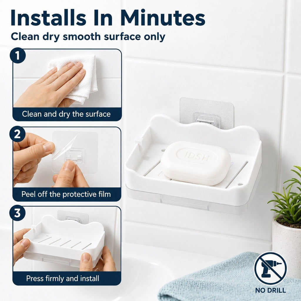 HUPLA Wall Mounted Soap Holder with Side Hook & Water Collection Tray | No-Drill Bathroom Soap Dish Organizer with Transparent Drainage Box | White – 1 Piece