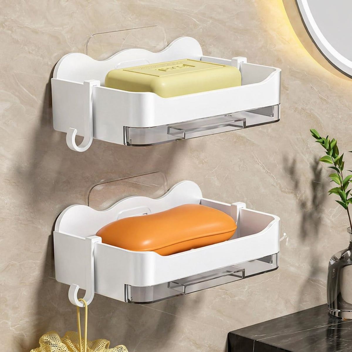 HUPLA Wall Mounted Soap Holder with Side Hook & Water Collection Tray | No-Drill Bathroom Soap Dish Organizer with Transparent Drainage Box | White – 1 Piece