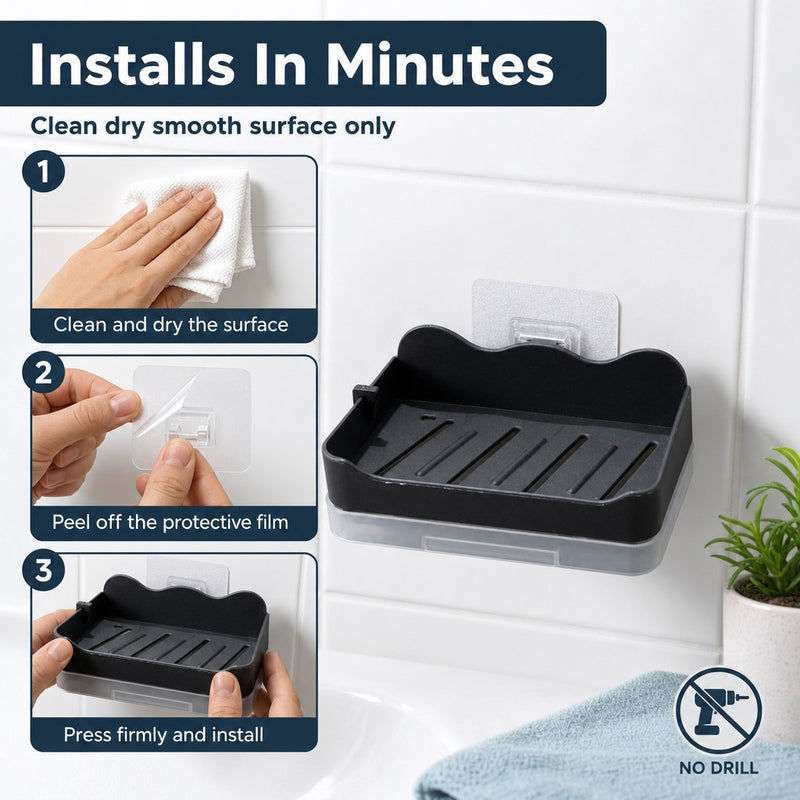 HUPLA Wall Mounted Soap Holder with 2 Hanging Hooks & Drainage Tray | Space Saving Bathroom Soap Dish Organizer | Black – 1 Piece