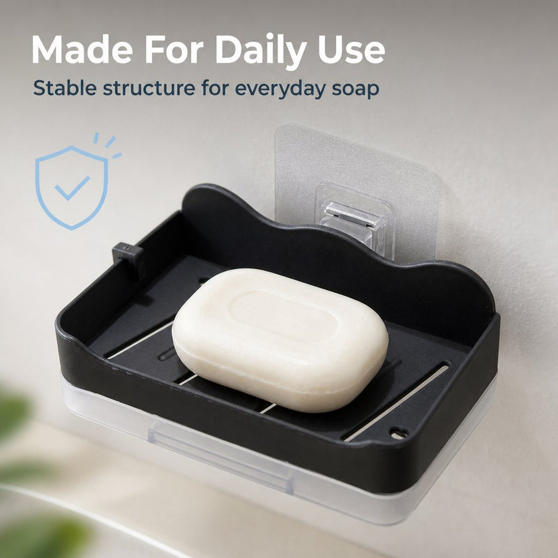 HUPLA Wall Mounted Soap Holder with 2 Hanging Hooks & Drainage Tray | Space Saving Bathroom Soap Dish Organizer | Black – 1 Piece