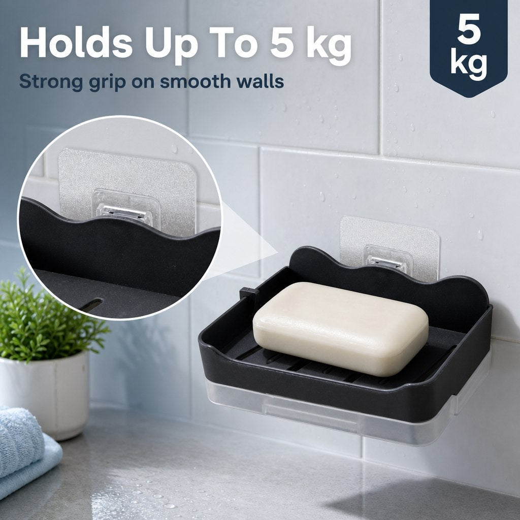 HUPLA Wall Mounted Soap Holder with 2 Hanging Hooks & Drainage Tray | Space Saving Bathroom Soap Dish Organizer | Black – 1 Piece