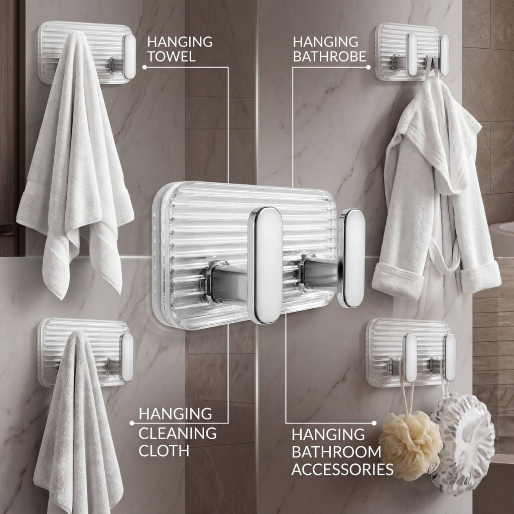 HUPLA Luxury Transparent Double Wall Hook with Rose Gold Finish | Wall Mounted 2-Hook Towel Hanger for Bathroom, Kitchen & Home – Single Piece