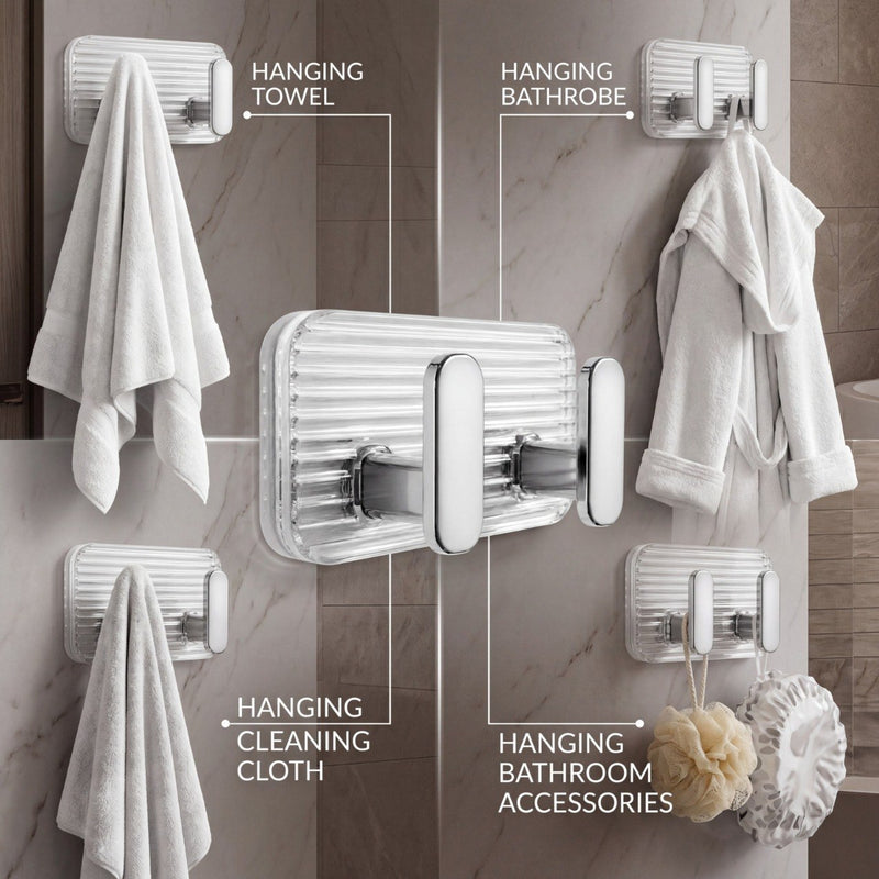 HUPLA Luxury Transparent Double Wall Hook with Rose Gold Finish | Wall Mounted 2-Hook Towel Hanger for Bathroom, Kitchen & Home – Single Piece