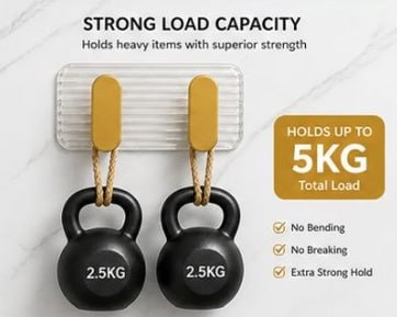 HUPLA Luxury Gold Transparent Double Wall Hook | 2-in-1 Wall Mounted Hanger with Clear Ribbed Back Plate for Towels, Loofahs, Keys & Accessories – Single Piece
