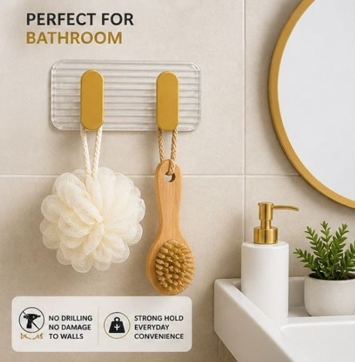 HUPLA Luxury Gold Transparent Double Wall Hook | 2-in-1 Wall Mounted Hanger with Clear Ribbed Back Plate for Towels, Loofahs, Keys & Accessories – Single Piece