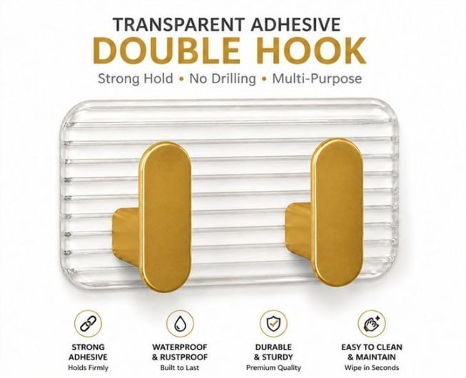 HUPLA Luxury Gold Transparent Double Wall Hook | 2-in-1 Wall Mounted Hanger with Clear Ribbed Back Plate for Towels, Loofahs, Keys & Accessories – Single Piece