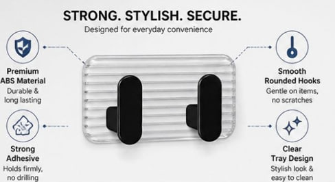 HUPLA Transparent Double Wall Hook | Self-Adhesive No-Drill Wall-Mounted Hanger with 2 Black Hooks for Towels, Loofahs, Keys & Accessories – Single Piece
