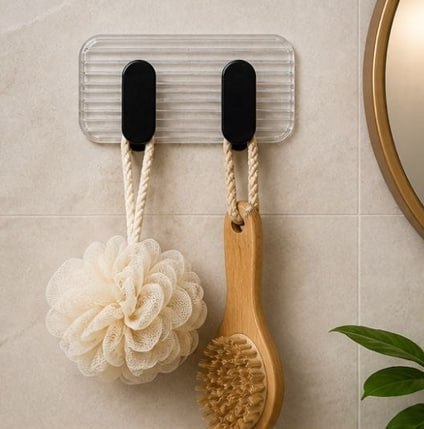 HUPLA Transparent Double Wall Hook | Self-Adhesive No-Drill Wall-Mounted Hanger with 2 Black Hooks for Towels, Loofahs, Keys & Accessories – Single Piece