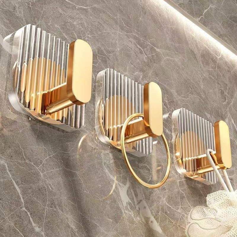 HUPLA Luxury Gold Self-Adhesive Wall Hooks – Pack of 3 | No-Drill Bathroom & Kitchen Hooks for Towels, Loofahs, Keys & Accessories | Transparent Wall-Mounted Hooks
