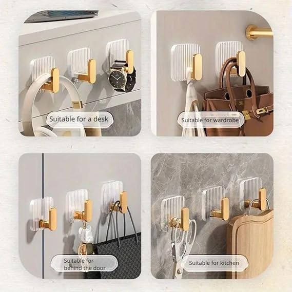HUPLA Luxury Gold Self-Adhesive Wall Hooks – Pack of 3 | No-Drill Bathroom & Kitchen Hooks for Towels, Loofahs, Keys & Accessories | Transparent Wall-Mounted Hooks