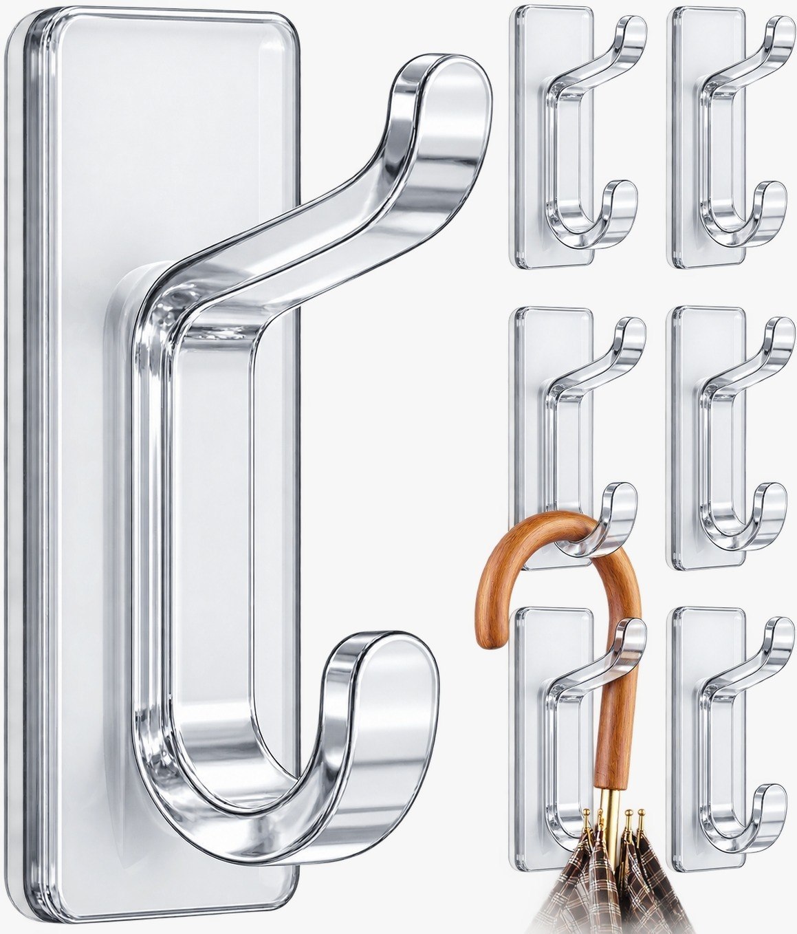 HUPLA Transparent Self-Adhesive Double Wall Hooks pack of 1 | No-Drill 2-in-1 Multipurpose Hooks for Bathroom, Kitchen, Towels, Clothes & Keys | Clear Design – Pack of 6